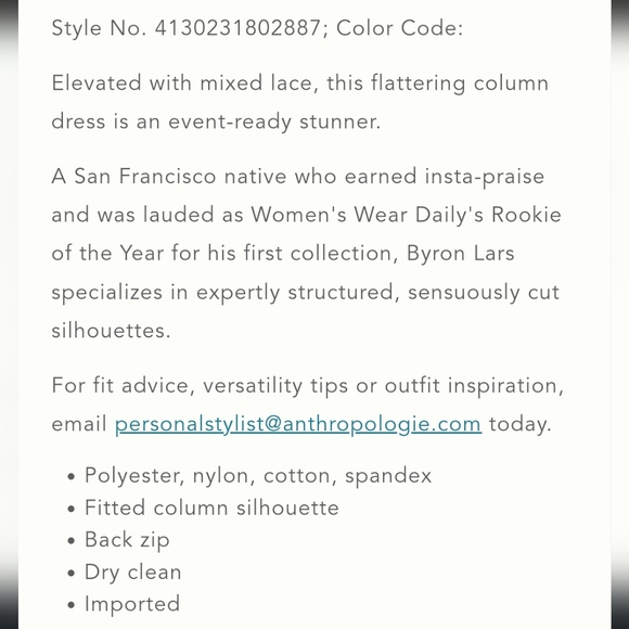 Anthropologie Byron Lars Beauty Mark Ruth Column Dress 2P NWT - Picture 5 of 7